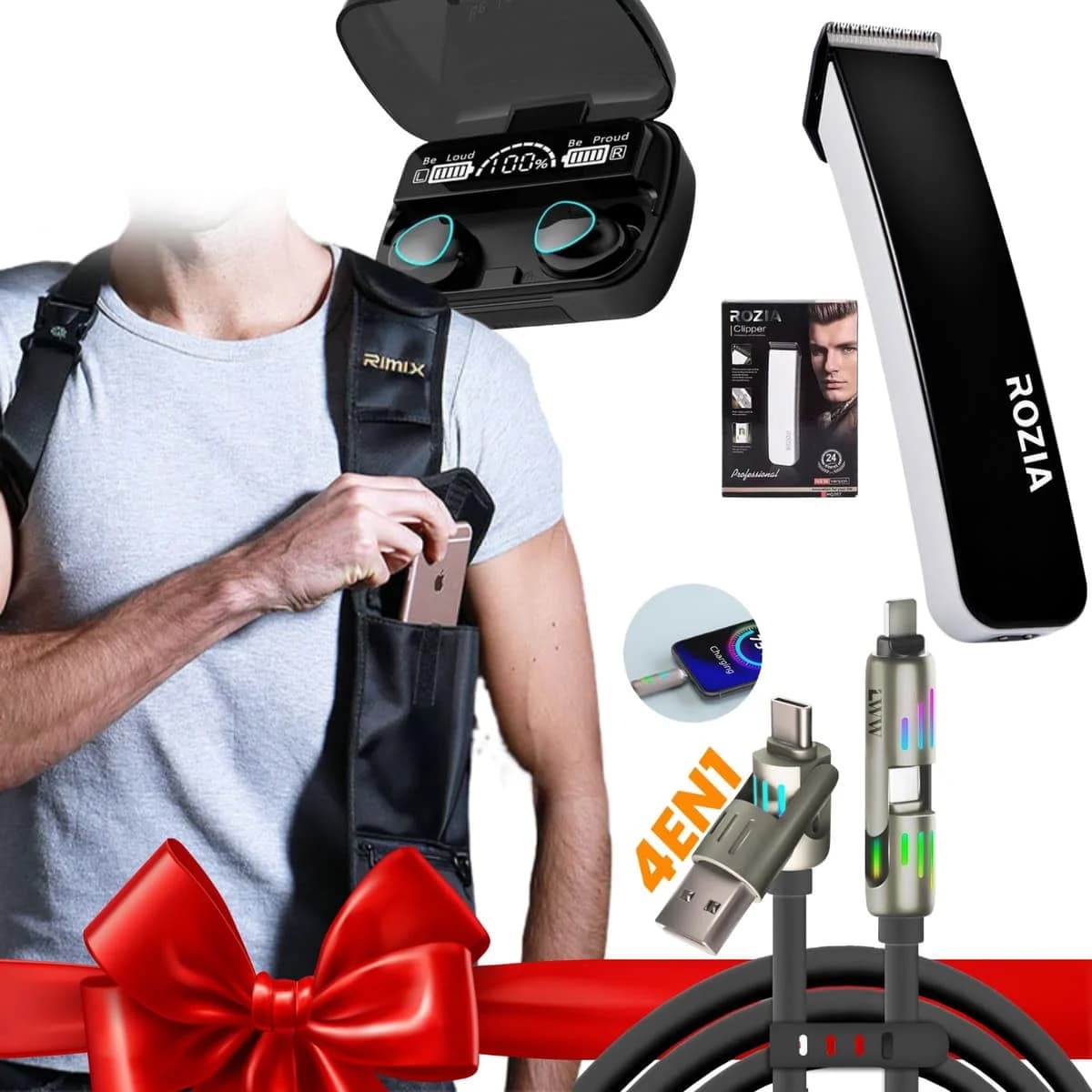 SUPER PACK 4 IN 1 طقم سماعات + ماكنة شعر + كابل شحن + صاكوشة